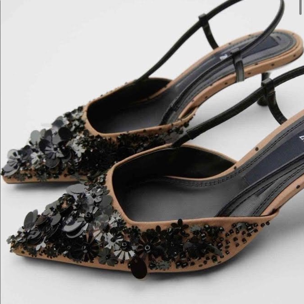 ZARA KITTEN HEEL SLINGBACK SEQUIN SANDAL RARE 37. 6.5 beige black